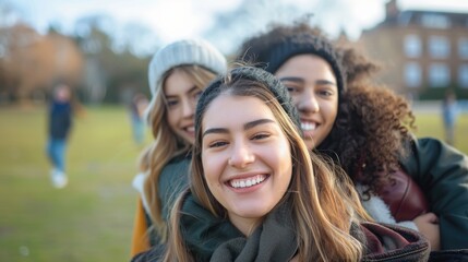 Obraz premium Group of female friends enjoying a playful piggyback moment outdoors, celebrating friendship, support, and education on campus