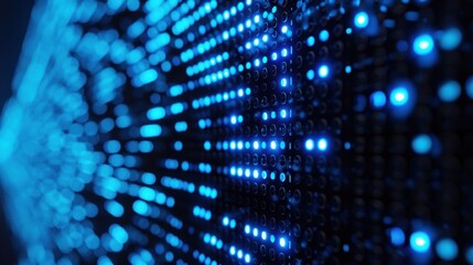 Dark wallpaper featuring a blue grid with light, textured digital matrix, neon illumination, and futuristic technology elements like system buttons or keys