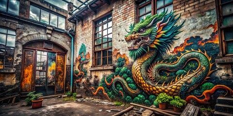 Obraz premium Urban Exploration with Dragon Tattoo Art in Abandoned Spaces