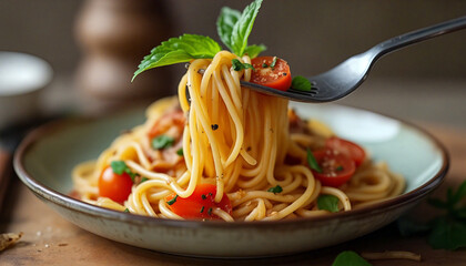 spaghetti with tomato sauce and basil