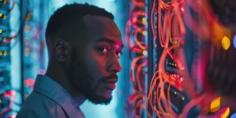 Technician working on internet connection cables and software programming in a server room, focusing on cybersecurity and problem solving