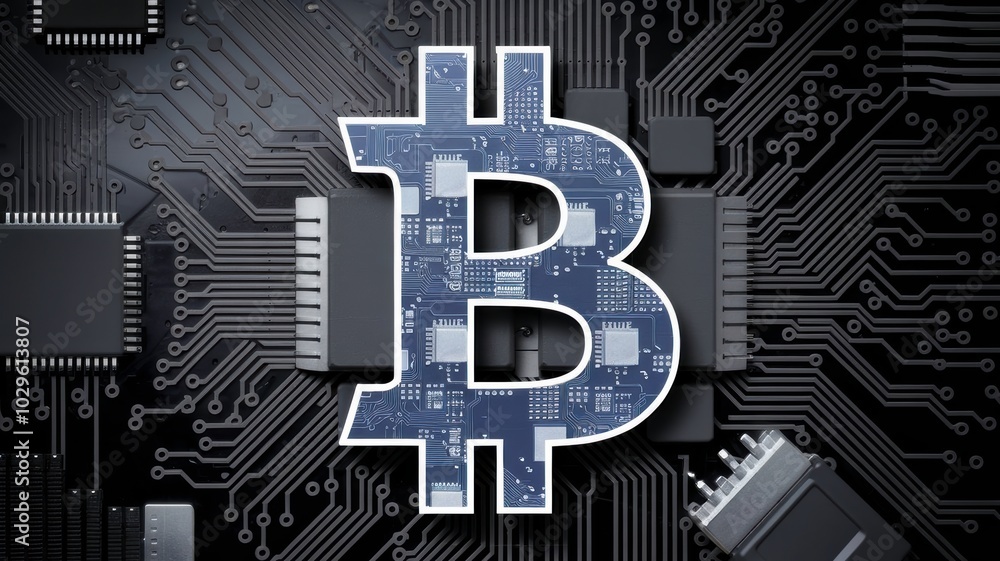 Poster a modern interpretation of the bitcoin symbol set against a high fidelity electronic circuit backgro