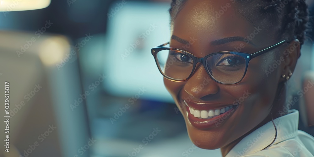Poster happy woman in workspace using laptop and checking emails, working on reports or proposals with glas