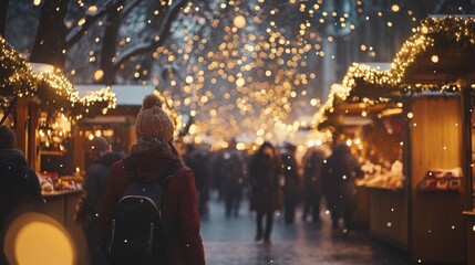 Traditional Christmas Market at Dusk. Twinkling Lights and Festive Stalls.