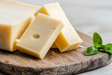 Fresh cheese slices on a wooden board with herbs