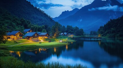 Fototapeta premium A serene lakeside scene at dusk with illuminated cabins nestled among mountains.