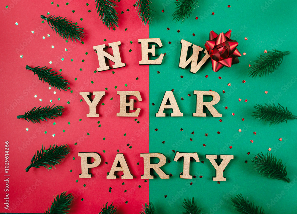 Poster a green and red background with a christmas tree and a bow on it