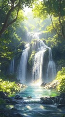 Obraz premium Waterfall Cascading Into Clear River. Lush Green Forest Rainbow Mist Wallpaper Background.