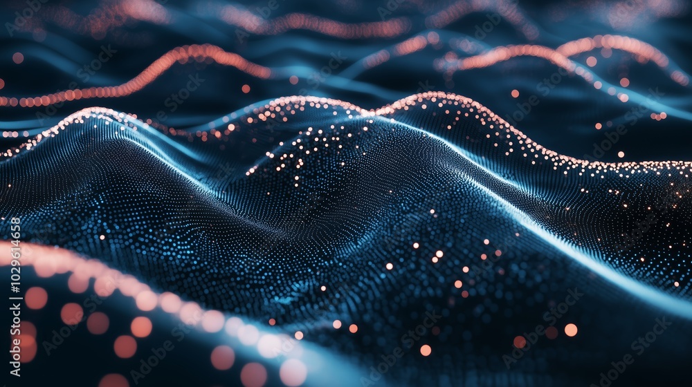 Poster abstract representation of a digital landscape with flowing waves and glowing particles in a blue an