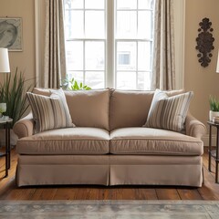 Fototapeta premium Inviting living room with a beige couch and wooden coffee table, set against rich wooden flooring. generative ai