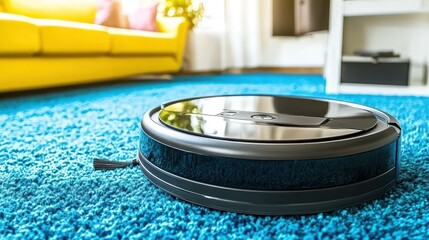 Black Robotic Vacuum Cleaner on a Blue Carpet