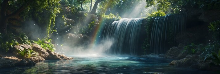 Waterfall Cascading Into Clear River. Lush Green Forest Rainbow Mist Wallpaper Background.