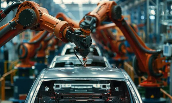 A robotic arm welding a car body in an automated factory, showcasing advanced manufacturing technology.