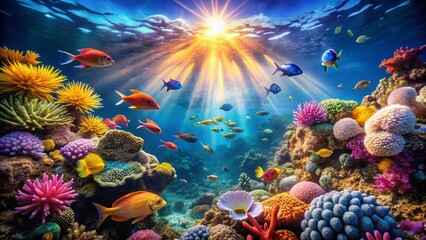 Vibrant Coral Reef with Colorful Fish in Clear Waters - Underwater Paradise