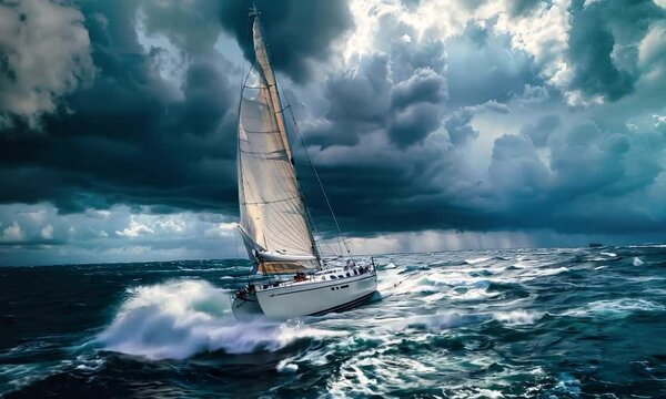 A sailboat navigates turbulent waters under a dramatic sky filled with dark clouds.