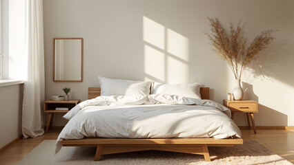 A bright Scandinavian-style bedroom with minimalist design elements, including a wooden bed frame, crisp white linens, and a potted plant on a nightstand for a clean and calming atmosphere