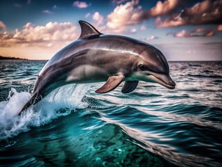 Fototapeta premium Vibrant Dolphin Leaping Through Crystal Clear Water - Captivating Underwater Scene