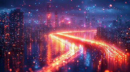 Fototapeta premium A vibrant cityscape featuring bright lights reflecting off water in a futuristic, colorful atmosphere. The skyline showcases modern architecture with glowing contours.