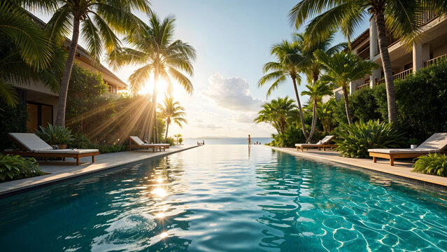 A resort-style swimming pool surrounded by tall, swaying palm trees, creating a tropical escape ideal for relaxation and leisure