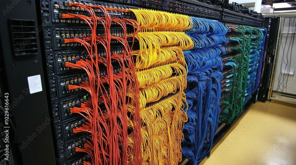 Poster colorful cables connected to server racks in a data center