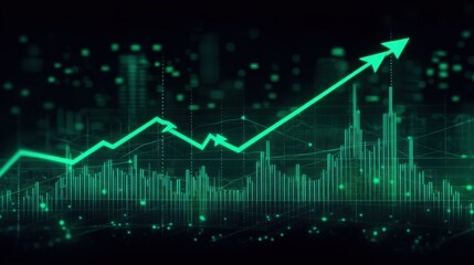 Naklejka premium Dynamic green stock market graph with sharp upward trend and large bullish arrows, exuding bold, modern energy. 