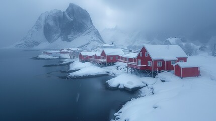 A serene winter landscape featuring red cabins by a snowy fjord and mountains.