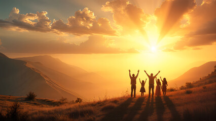 Fototapeta premium A beautiful sunrise scene where the sky opens up, and a family stands together, raising their hands in unity and hope, capturing a sense of togetherness