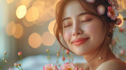 A serene woman surrounded by flowers, exuding joy and tranquility in a soft, dreamy setting.