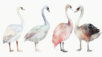 Obraz premium Watercolor Painting of Four Swans with Varying Colors and Poses
