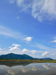 Flooded rice fields and mountains before rice planting