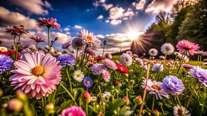 Fototapeta premium Vibrant Landscape of Blooming Flowers in Lush Green Grass - Nature's Beauty Unveiled