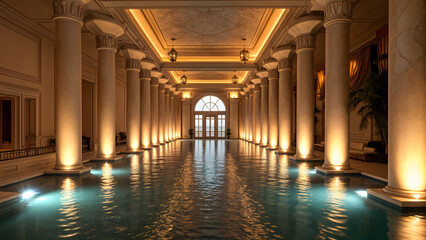 An elegant indoor pool with marble columns along the sides, exuding a classic and luxurious ambiance, ideal for upscale wellness retreats