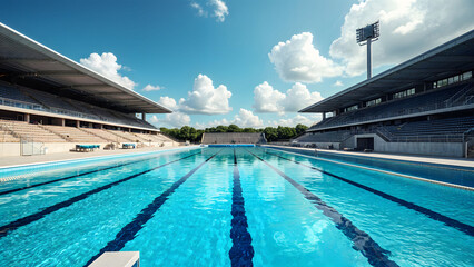 An Olympic-size swimming pool with clear blue water, marked lanes, and diving boards, ideal for competitive swimming and training environments