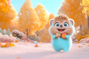 Obraz premium Cheerful hedgehog character with mushroom and apple in autumn forest