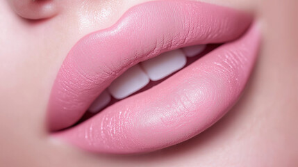 Fototapeta premium a single, elegant lips of milky pink lipstick on white background, with soft color gradients and subtle sheen to highlight the texture and glossiness of lip makeup