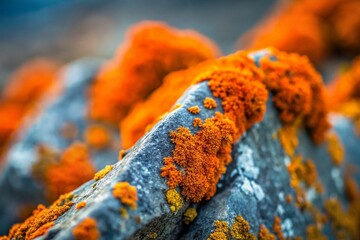 Fototapeta premium Vibrant Orange Lichen on Grey Stones in Nature's Harmony