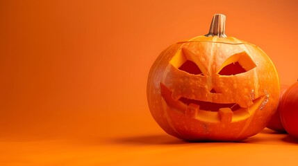 Orange background, carved pumpkin face, Halloween banner, ample copy space.