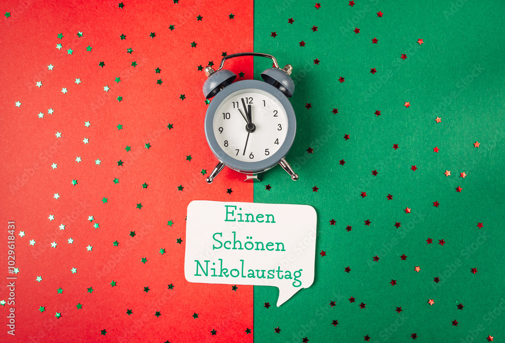Poster a clock on a green background with a white message that says happy st. nicholas day.