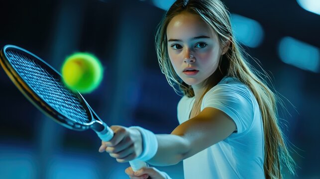 Young woman playing tennis. Perfect for websites, blogs, or social media about sports, fitness, or determination.