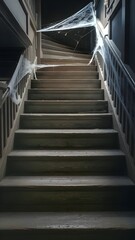 Spooky dark staircase with spider webs and visible spiders