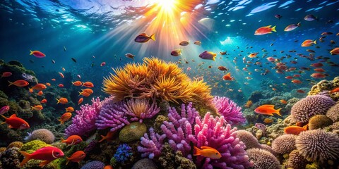 Vibrant Underwater Scene with Actinia on Coral Reef and Schools of Small Fish