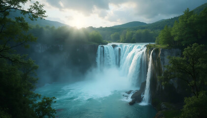 Fototapeta premium View of the waterfalls at the Krka National Park in Croatia during a sunrise