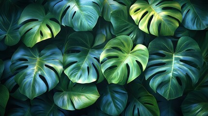 Fototapeta premium The background of the image is dark green foliage with a texture of green tropical leaves