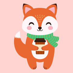 Cute fox and a glass of coffee. Vector flat illustration
