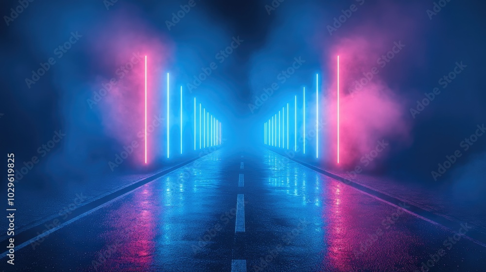 Aufkleber wet road with neon lights in the background. this photo is perfect for creating a futuristic and sur