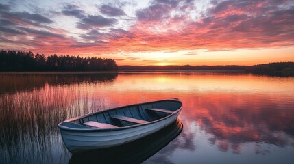 A tranquil sunset over a still lake, with pink and orange reflections and a solitary rowboat floating on the water, ideal for nature stock photos