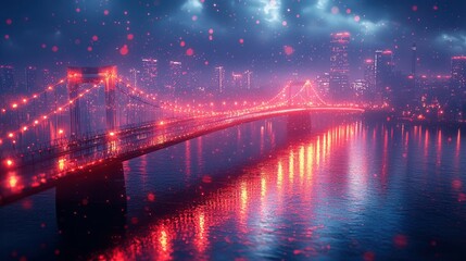 Fototapeta premium A stunning cityscape featuring a glowing bridge illuminated with vibrant lights, reflecting off the water under a moody sky.
