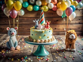 Fototapeta premium Vintage Cartoon Birthday Cake for Kids' First Birthday Celebration - AI Generative Technology