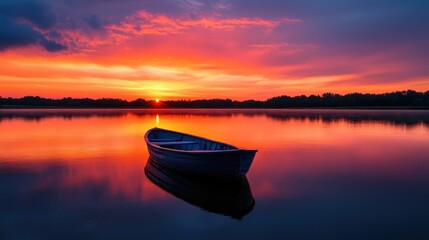 Vibrant sunset over a serene lake, reflecting warm oranges and pinks, with a lone rowboat drifting, perfect for peaceful and relaxing imagery