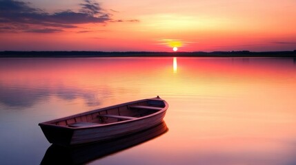 A serene sunset over a tranquil lake, with oranges and pinks reflecting on the water and a lone rowboat, ideal for peaceful nature themes